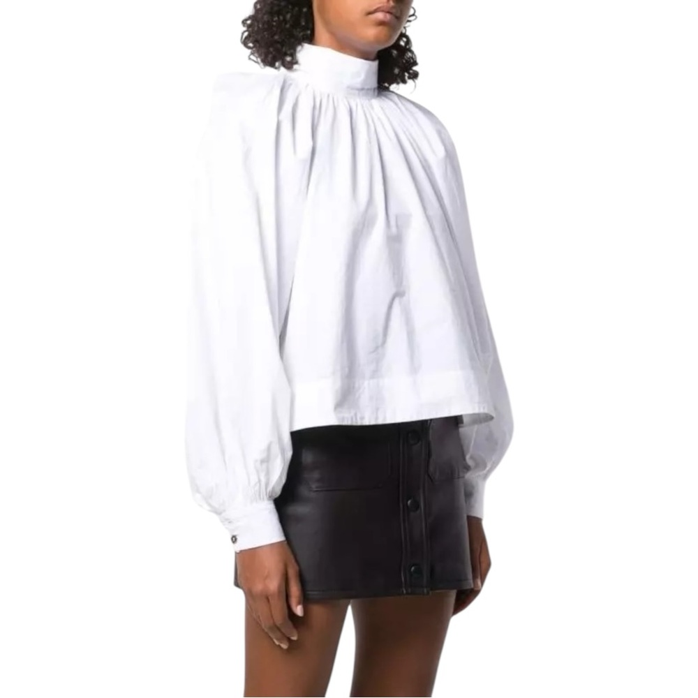 NWT GANNI High Neck White Cotton Crisp Boxy Poplin Bow Blouse Size 34 / XS - Picture 1 of 8